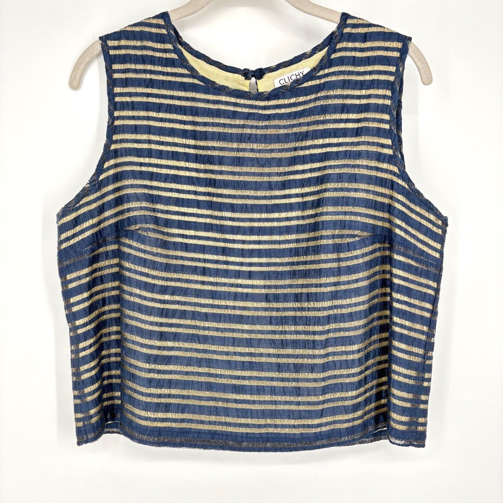 Vintage Clichy Striped Mesh Tank Sz 12P Blue Yellow‎ Made in Canada 90s Cropped